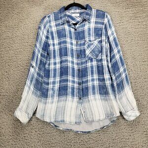 Thread & Supply Shirt Womens Small Blue Plaid Faded Roll Tab Blouse *Read*